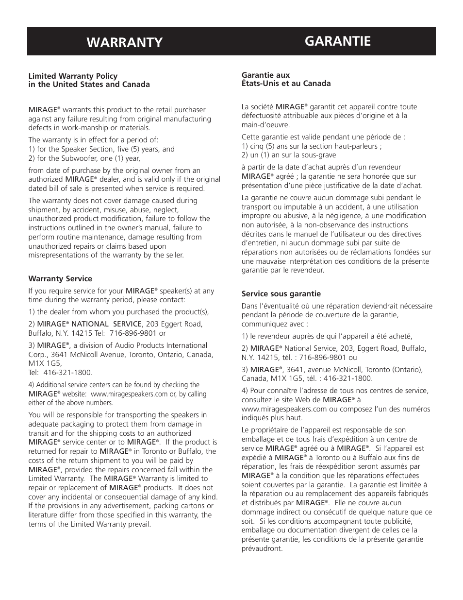 Warranty, Garantie | Mirage Loudspeakers i-SERIES User Manual | Page 4 / 4