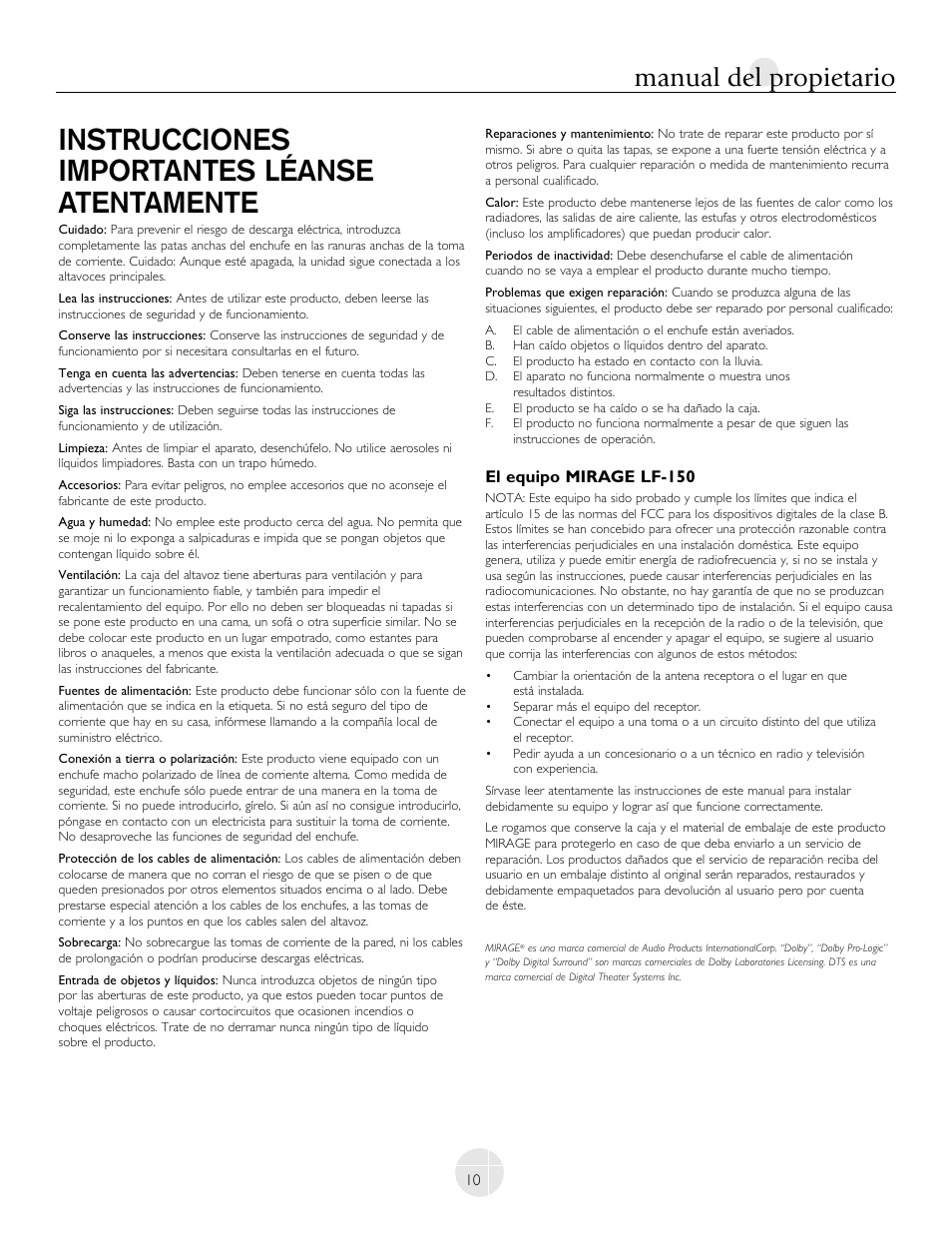 Instrucciones importantes léanse atentamente, Manual del propietario, El equipo mirage lf-150 | Mirage Loudspeakers LF-100 User Manual | Page 10 / 40