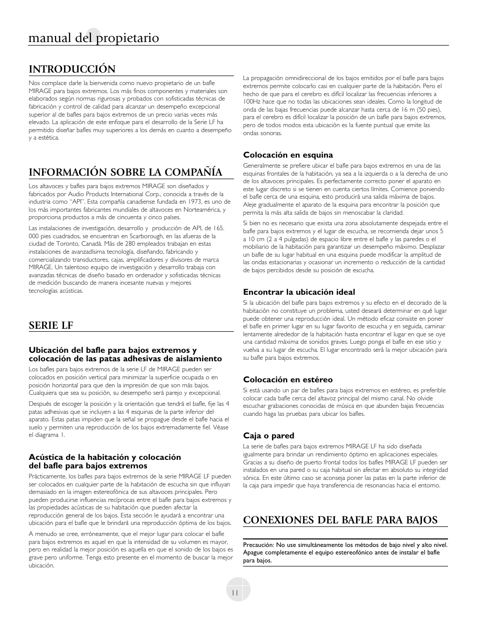 Manual del propietario, Introducción, Información sobre la compañía | Serie lf, Conexiones del bafle para bajos | Mirage Loudspeakers LF-100 User Manual | Page 11 / 40
