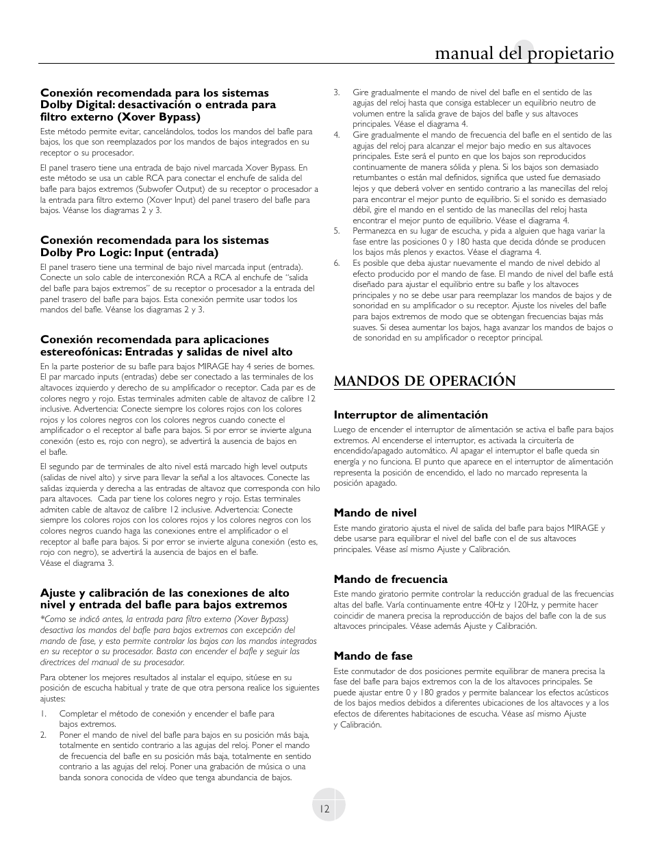 Manual del propietario, Mandos de operación | Mirage Loudspeakers LF-100 User Manual | Page 12 / 40