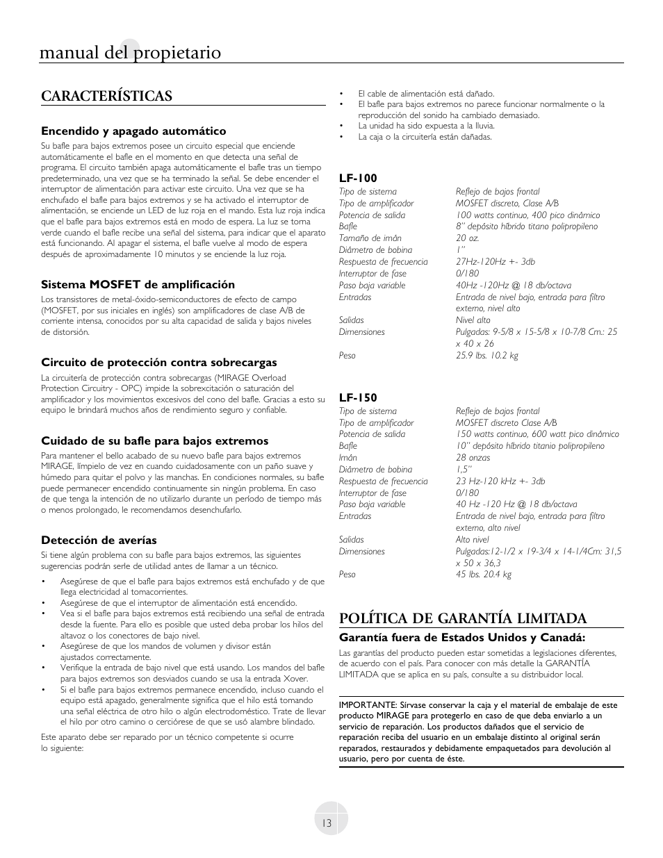 Manual del propietario, Características, Política de garantía limitada | Mirage Loudspeakers LF-100 User Manual | Page 13 / 40