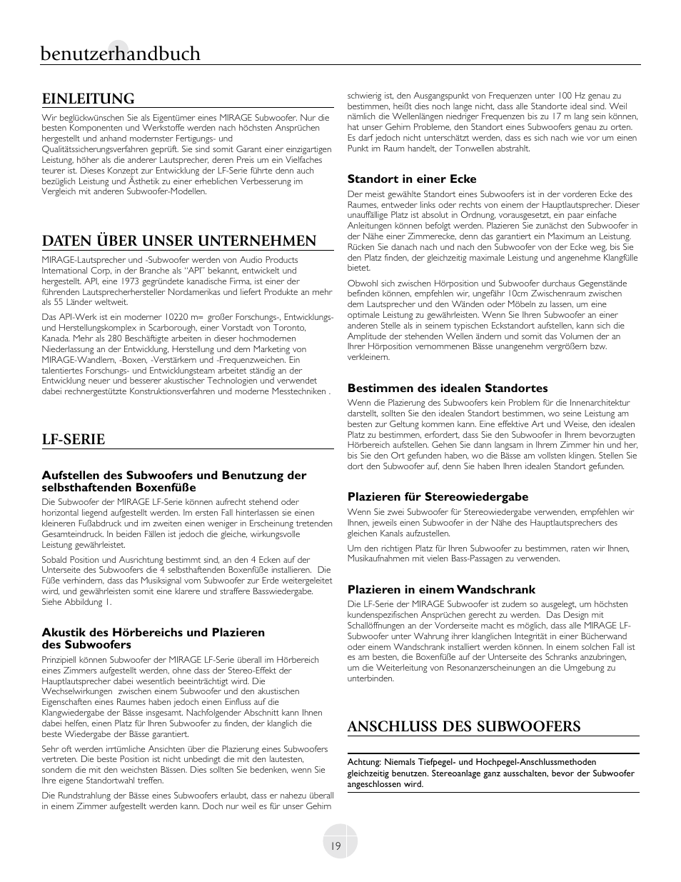 Benutzerhandbuch, Einleitung, Daten über unser unternehmen | Lf-serie, Anschluss des subwoofers | Mirage Loudspeakers LF-100 User Manual | Page 19 / 40