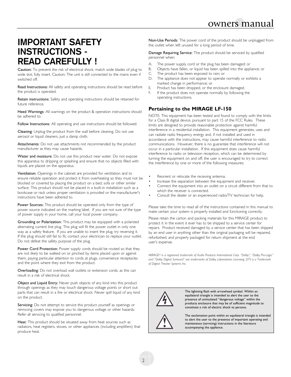 Owners manual, Important safety instructions - read carefully, Pertaining to the mirage lf-150 | Mirage Loudspeakers LF-100 User Manual | Page 2 / 40