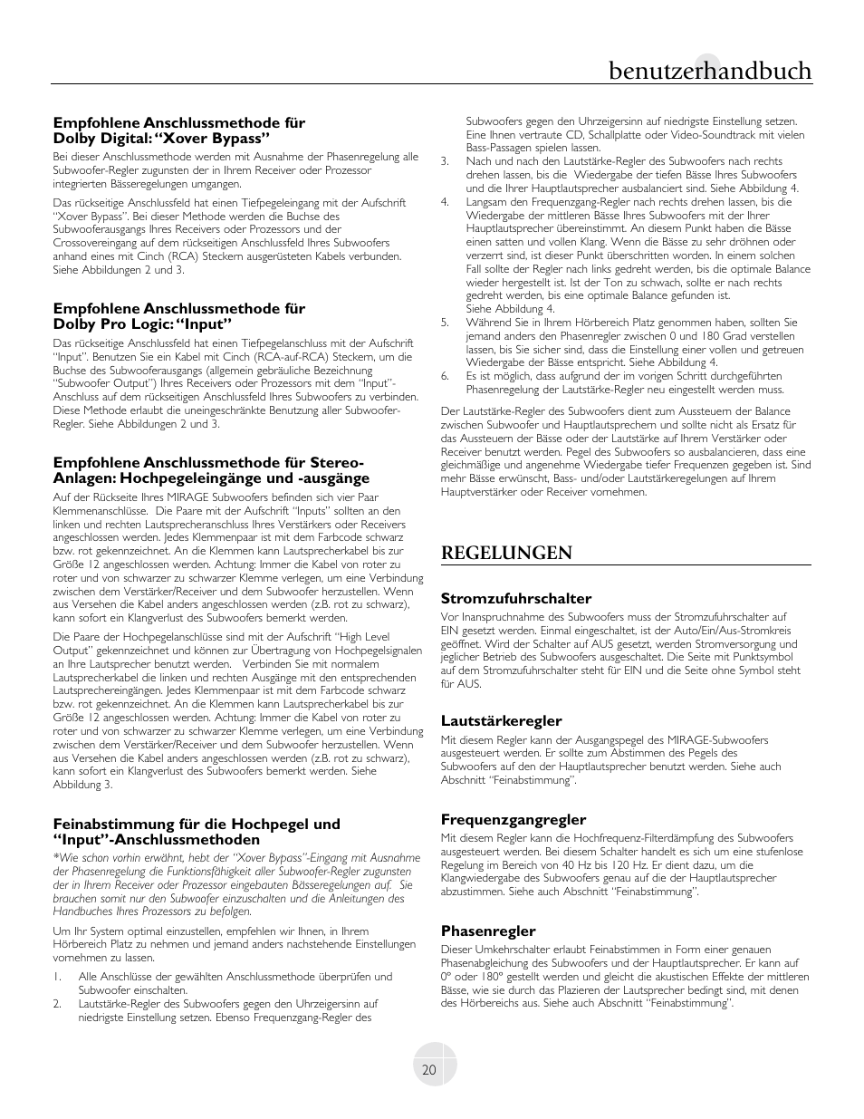 Benutzerhandbuch, Regelungen | Mirage Loudspeakers LF-100 User Manual | Page 20 / 40