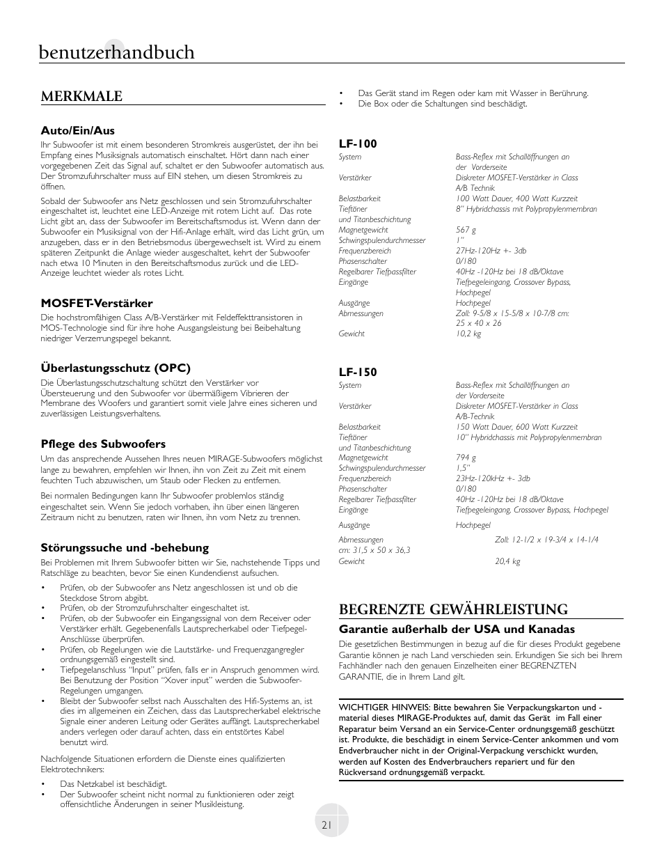 Benutzerhandbuch, Merkmale, Begrenzte gewährleistung | Auto/ein/aus, Mosfet-verstärker, Überlastungsschutz (opc), Pflege des subwoofers, Störungssuche und -behebung, Lf-100, Lf-150 | Mirage Loudspeakers LF-100 User Manual | Page 21 / 40