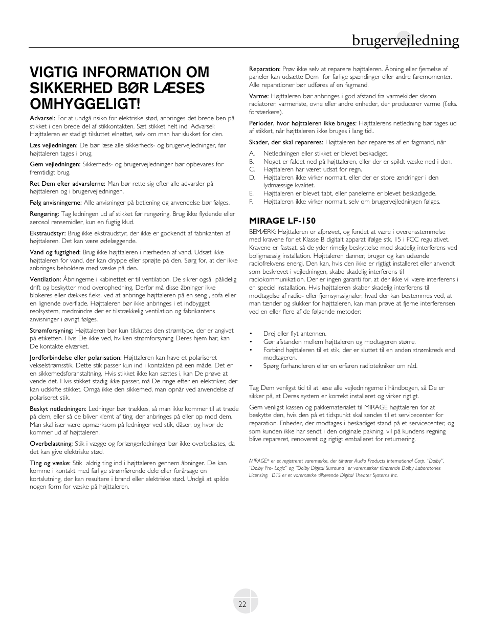 Brugervejledning, Mirage lf-150 | Mirage Loudspeakers LF-100 User Manual | Page 22 / 40