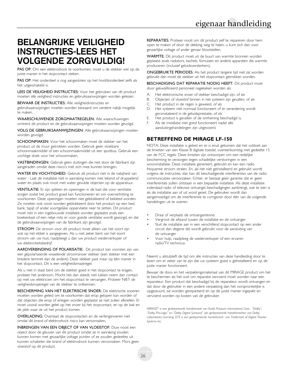 Eigenaar handleiding, Betreffend de mirage lf-150 | Mirage Loudspeakers LF-100 User Manual | Page 26 / 40