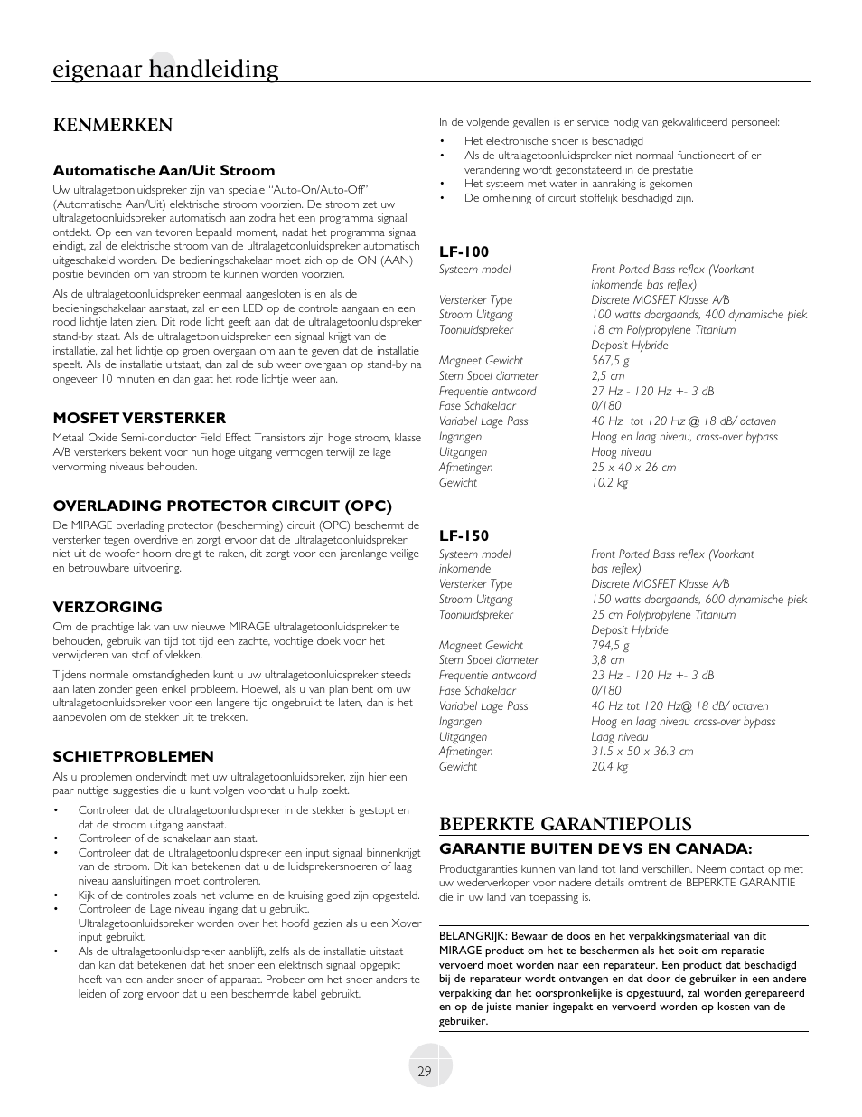 Eigenaar handleiding, Kenmerken, Beperkte garantiepolis | Mirage Loudspeakers LF-100 User Manual | Page 29 / 40