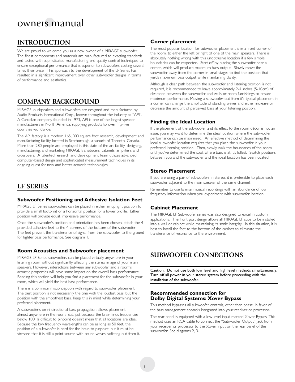 Owners manual, Introduction, Company background | Lf series, Subwoofer connections | Mirage Loudspeakers LF-100 User Manual | Page 3 / 40