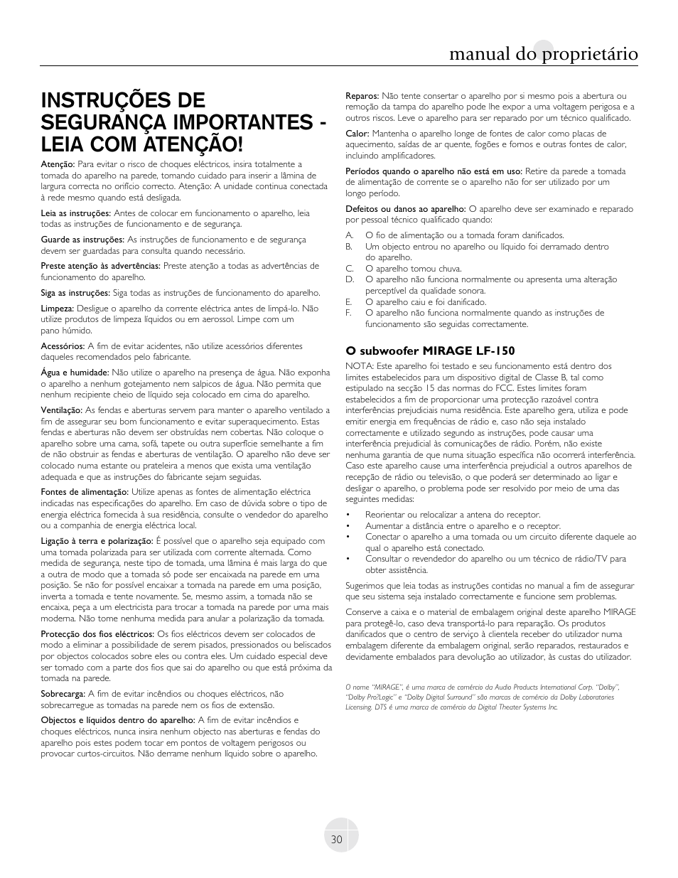Manual do proprietário | Mirage Loudspeakers LF-100 User Manual | Page 30 / 40
