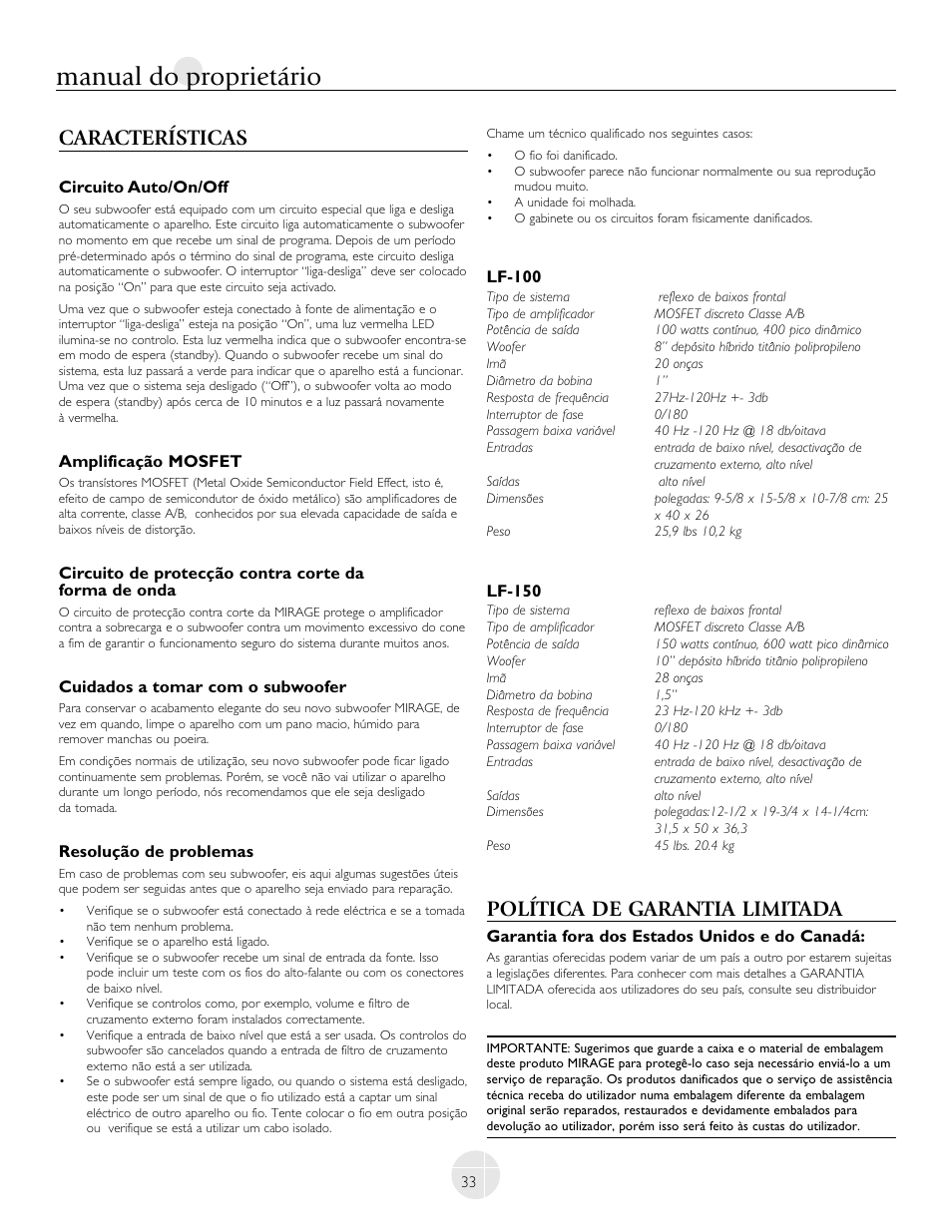 Manual do proprietário, Características, Política de garantia limitada | Mirage Loudspeakers LF-100 User Manual | Page 33 / 40