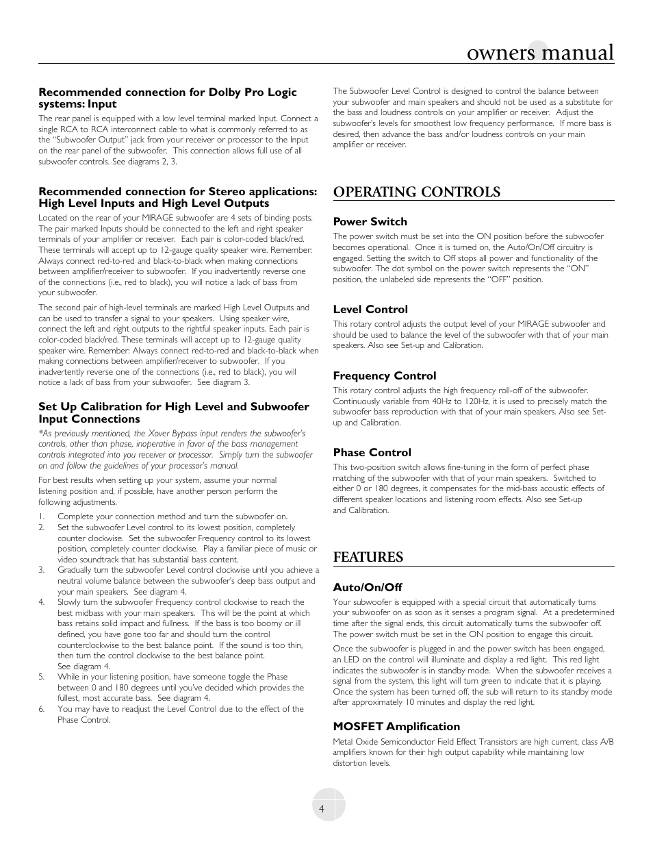 Owners manual, Operating controls, Features | Mirage Loudspeakers LF-100 User Manual | Page 4 / 40
