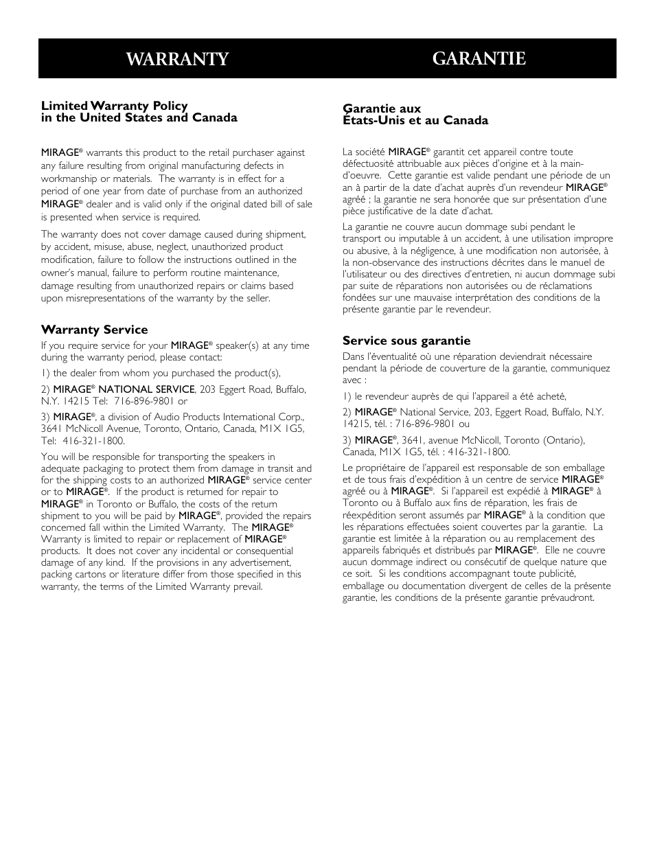 Warranty, Garantie, Warranty service | Garantie aux états-unis et au canada, Service sous garantie | Mirage Loudspeakers LF-100 User Manual | Page 40 / 40