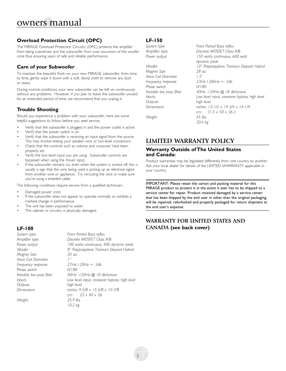 Owners manual, Limited warranty policy, Warranty for united states and canada | Mirage Loudspeakers LF-100 User Manual | Page 5 / 40