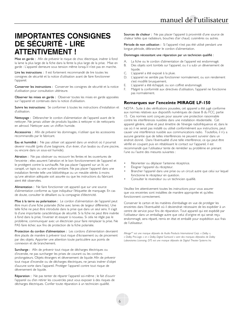 Manuel de l'utilisateur, Remarques sur l’enceinte mirage lf-150 | Mirage Loudspeakers LF-100 User Manual | Page 6 / 40