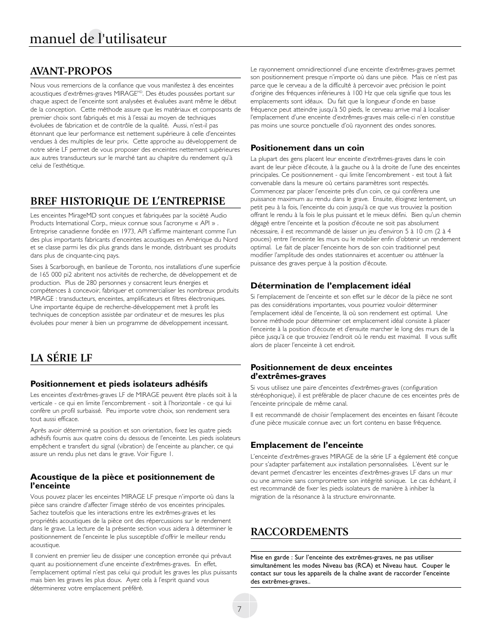 Manuel de l'utilisateur, Avant-propos, Bref historique de l’entreprise | La série lf, Raccordements | Mirage Loudspeakers LF-100 User Manual | Page 7 / 40
