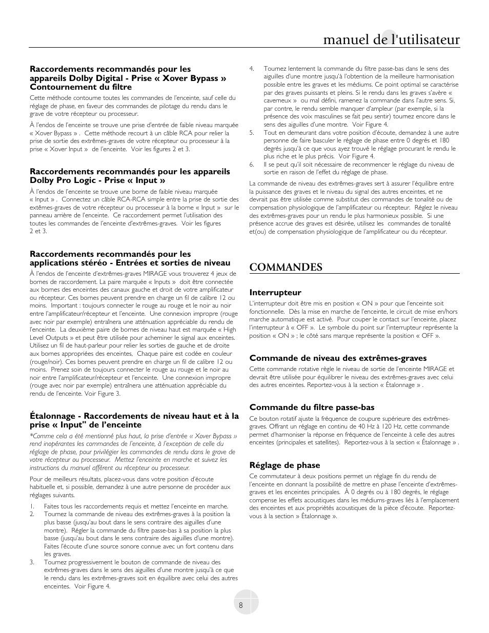 Manuel de l'utilisateur, Commandes | Mirage Loudspeakers LF-100 User Manual | Page 8 / 40