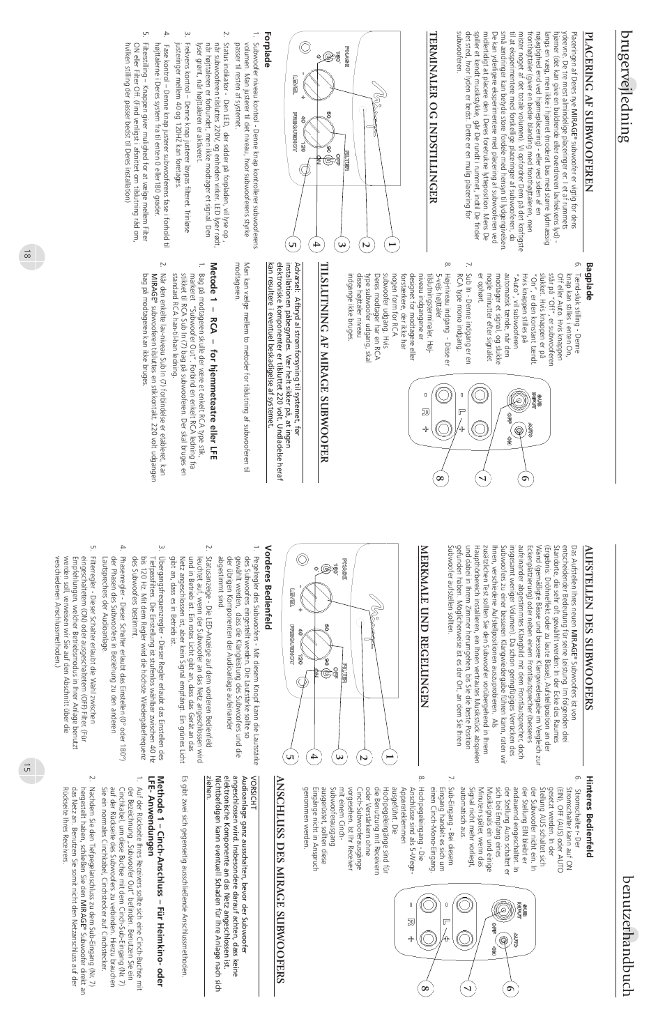 Brugerv ejledning, Benutzerhandbuch, Pla cering af sub w ooferen | Terminaler og indstillinger, Tilslutning af mira ge sub w oofer, Aufstellen des sub w oofers, Merkmale und regelungen, Anschluss des mira ge sub w oofers | Mirage Loudspeakers OMNI S12 User Manual | Page 15 / 16