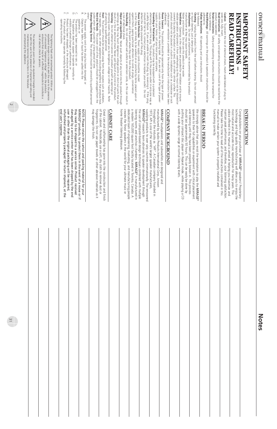 Owners manual, Import ant s afety instruc tions – read carefull y, Intr oduction | Break -in period, Comp any b a ck gr ound, Cabinet care | Mirage Loudspeakers OMNI S12 User Manual | Page 2 / 16