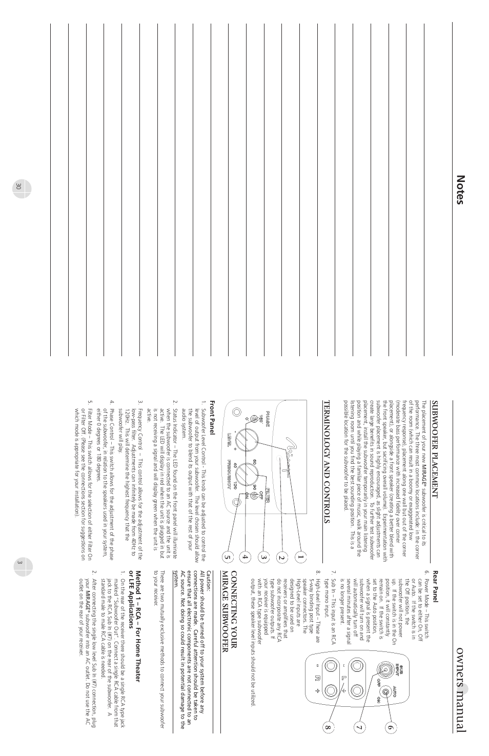 Owners manual, Sub w oofer pla cement, Terminology and contr ols | Connecting y our mira ge sub w oofer | Mirage Loudspeakers OMNI S12 User Manual | Page 3 / 16