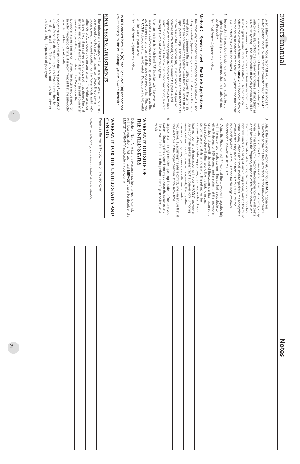 Owners manual, Final s ystem adjustments, Warranty outside of the united st a tes | Warranty for the united st a tes and canad a | Mirage Loudspeakers OMNI S12 User Manual | Page 4 / 16