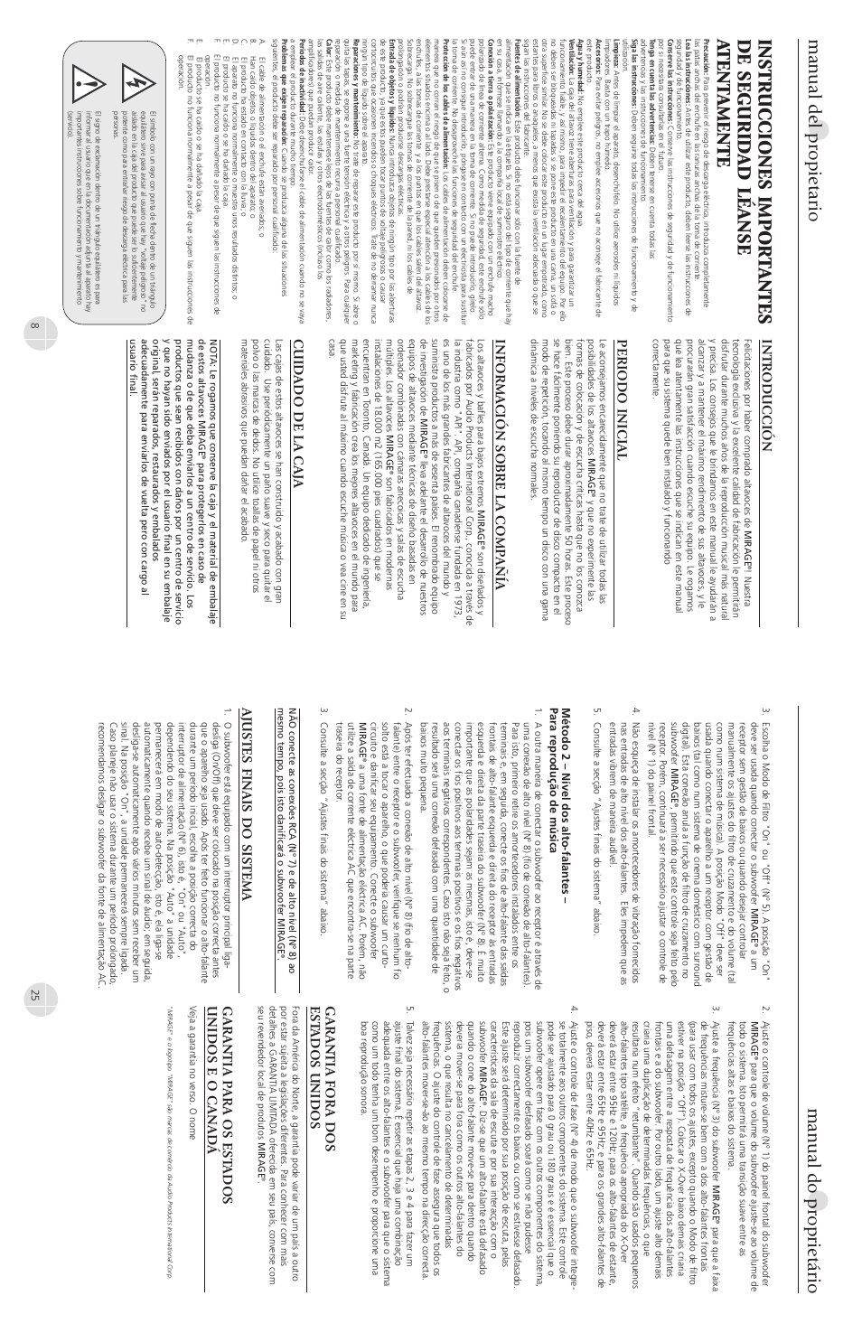 Manual do proprietário, Manual del propietario, Ajustes finais do sistema | Garantia fora dos est ados unidos, Garantia p ara os est ados unidos e o canadá, Intr oducción, Periodo inicial, Informa ción sobre la comp añía, Cuid ado de la caj a | Mirage Loudspeakers OMNI S12 User Manual | Page 8 / 16