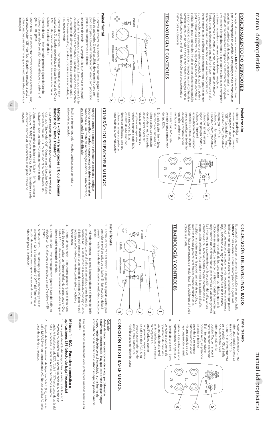 Manual do proprietário, Manual del propietario, Posicionament o do sub w oofer | Terminologia e contr oles, Conexão do sub w oofer mira ge, Terminología y contr oles, Conexión de su b afle mira ge | Mirage Loudspeakers OMNI S12 User Manual | Page 9 / 16