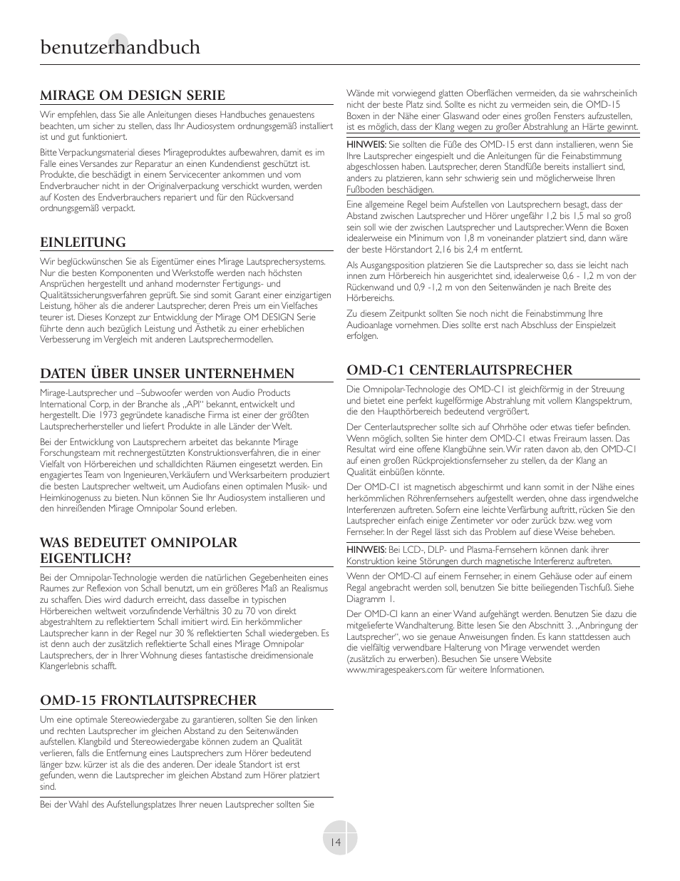 Benutzerhandbuch, Mirage om design serie, Einleitung | Daten über unser unternehmen, Was bedeutet omnipolar eigentlich, Omd-15 frontlautsprecher, Omd-c1 centerlautsprecher | Mirage Loudspeakers OMNIPOLAR OMD-C1 User Manual | Page 15 / 34