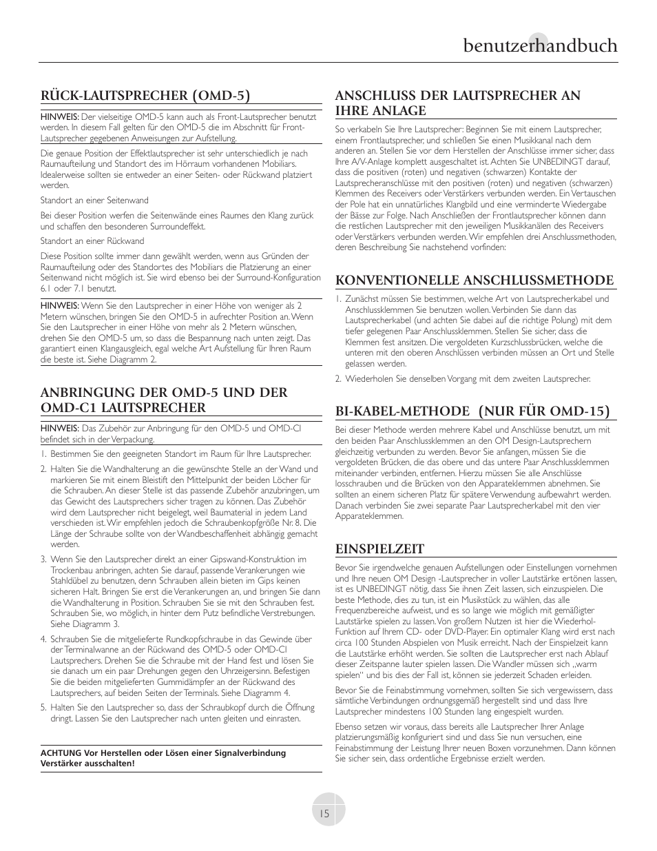Benutzerhandbuch, Rück-lautsprecher (omd-5), Anbringung der omd-5 und der omd-c1 lautsprecher | Anschluss der lautsprecher an ihre anlage, Konventionelle anschlussmethode, Bi-kabel-methode (nur für omd-15), Einspielzeit | Mirage Loudspeakers OMNIPOLAR OMD-C1 User Manual | Page 16 / 34