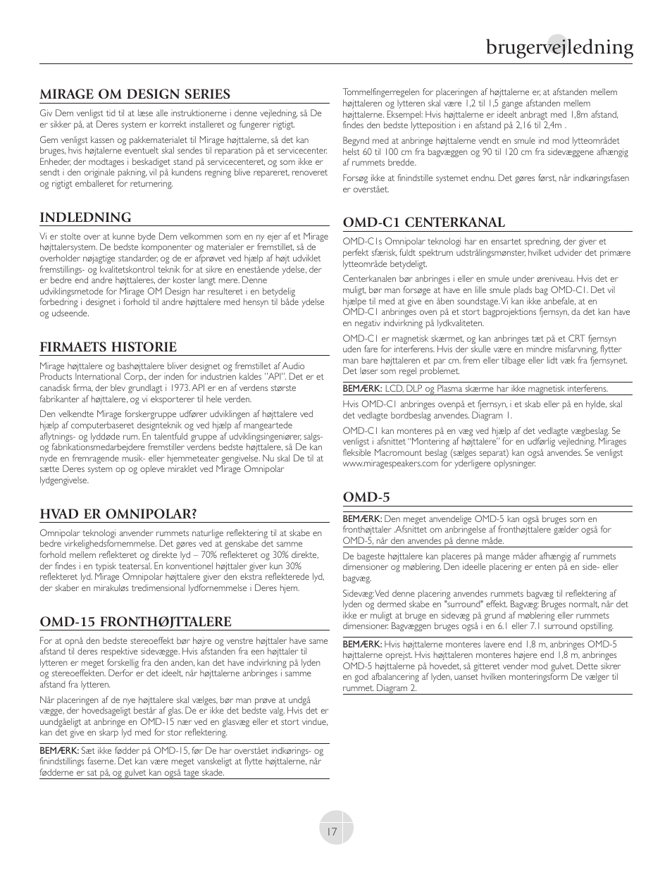 Brugervejledning, Mirage om design series, Indledning | Firmaets historie, Hvad er omnipolar, Omd-15 fronthøjttalere, Omd-c1 centerkanal, Omd-5 | Mirage Loudspeakers OMNIPOLAR OMD-C1 User Manual | Page 18 / 34