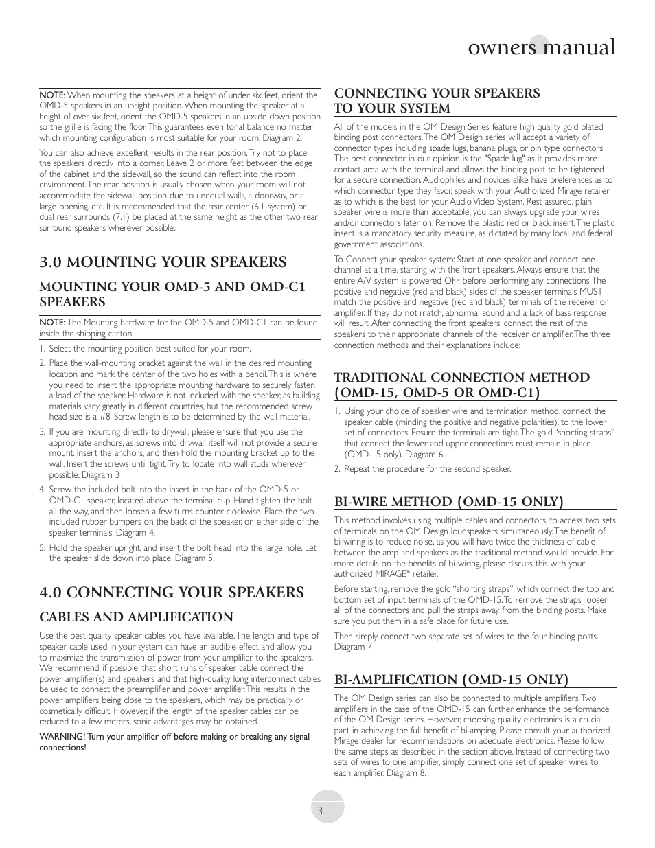 Owners manual, 0 mounting your speakers, 0 connecting your speakers | Mounting your omd-5 and omd-c1 speakers, Cables and amplification, Connecting your speakers to your system, Bi-wire method (omd-15 only), Bi-amplification (omd-15 only) | Mirage Loudspeakers OMNIPOLAR OMD-C1 User Manual | Page 3 / 34