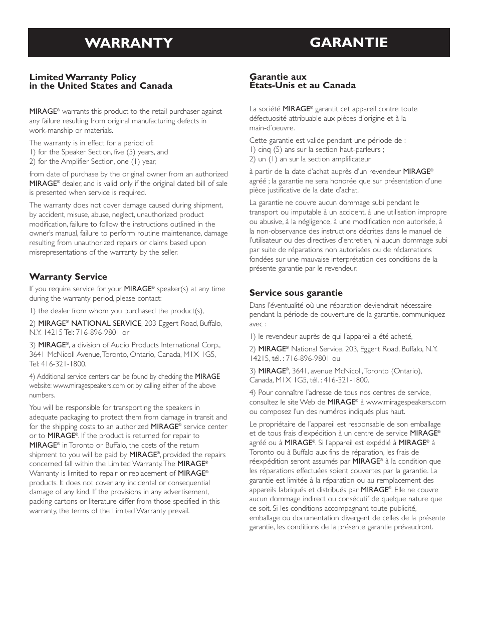 Warranty, Garantie, Warranty service | Garantie aux états-unis et au canada, Service sous garantie | Mirage Loudspeakers OMNIPOLAR OMD-C1 User Manual | Page 34 / 34