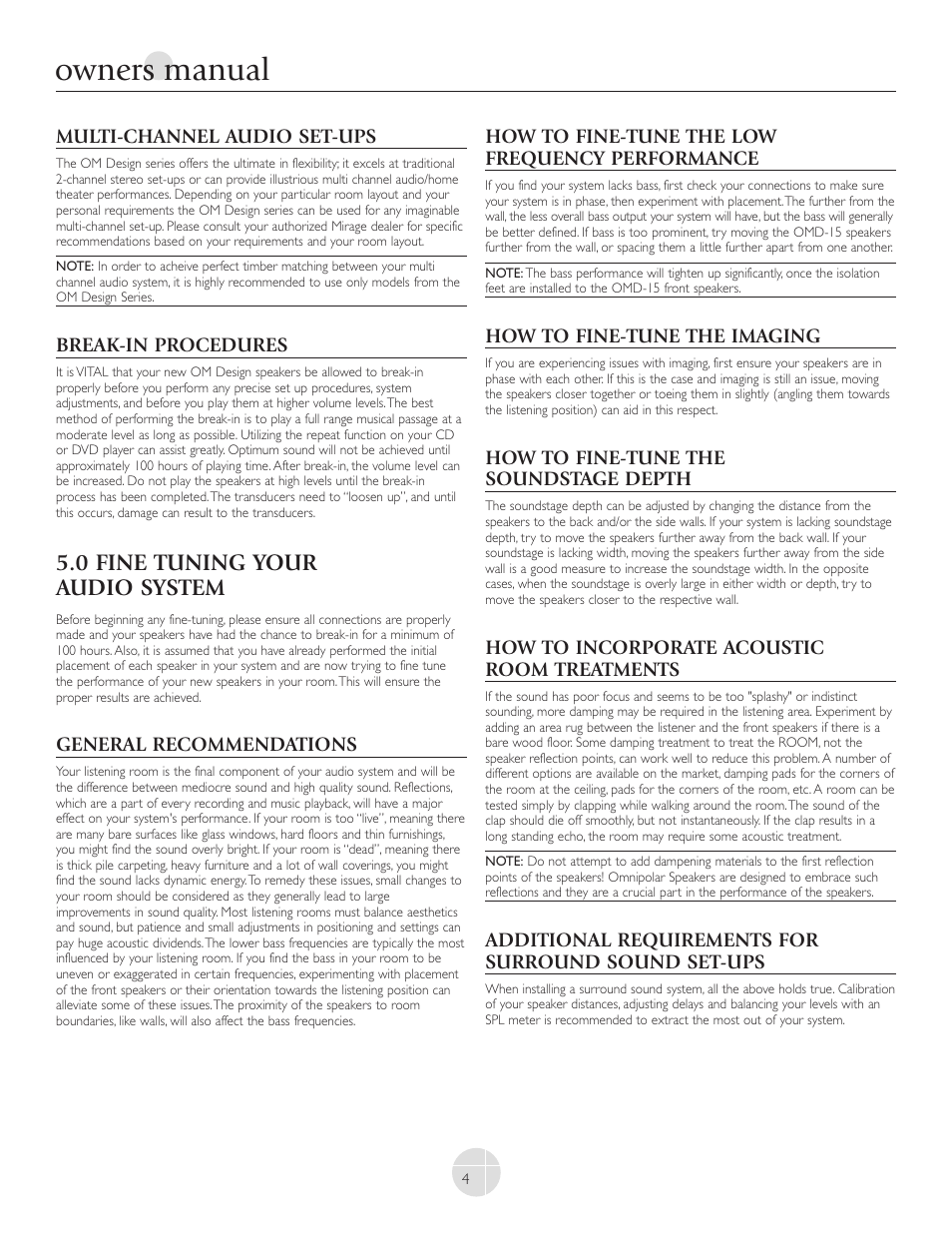 Owners manual, 0 fine tuning your audio system | Mirage Loudspeakers OMNIPOLAR OMD-C1 User Manual | Page 4 / 34