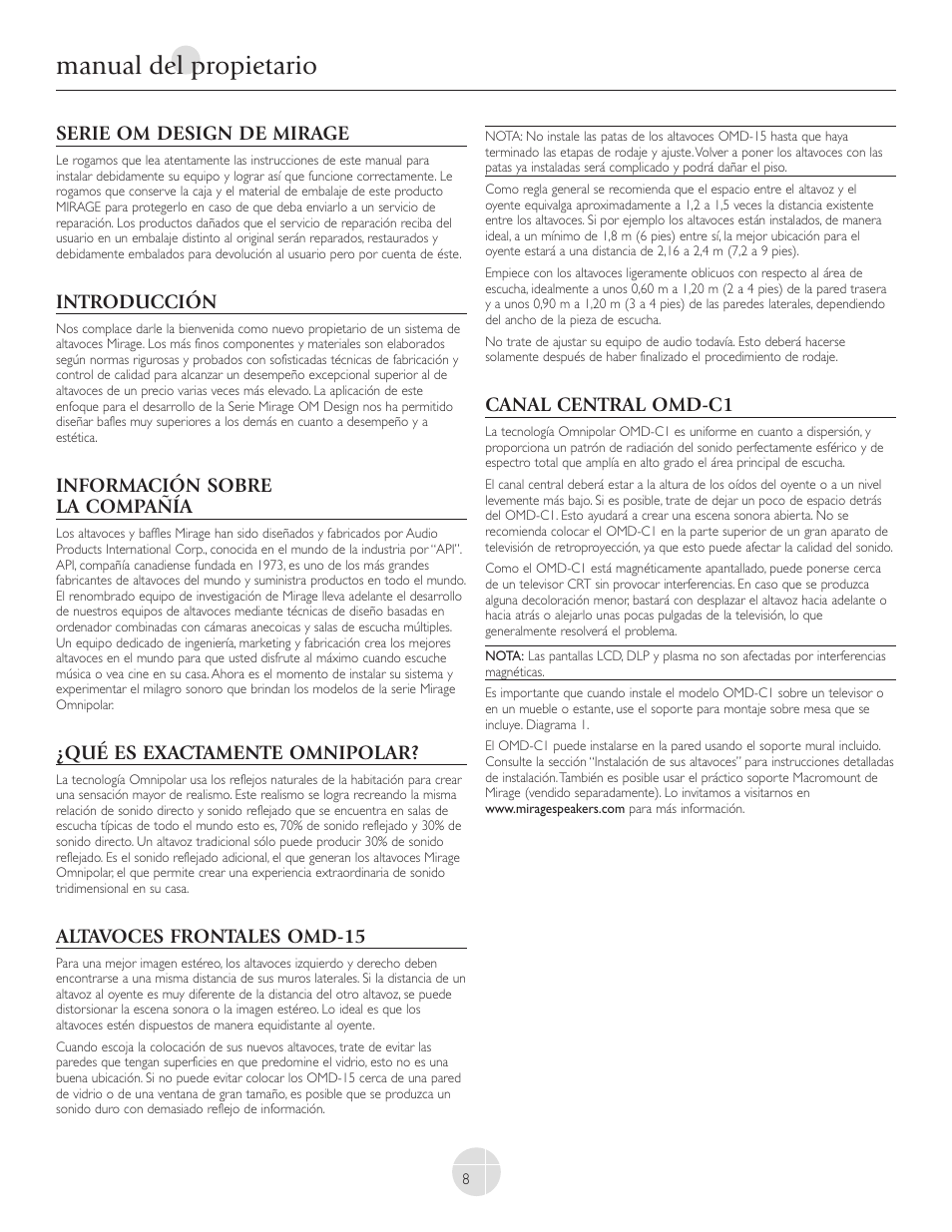 Manual del propietario, Serie om design de mirage, Introducción | Información sobre la compañía, Qué es exactamente omnipolar, Altavoces frontales omd-15, Canal central omd-c1 | Mirage Loudspeakers OMNIPOLAR OMD-C1 User Manual | Page 9 / 34