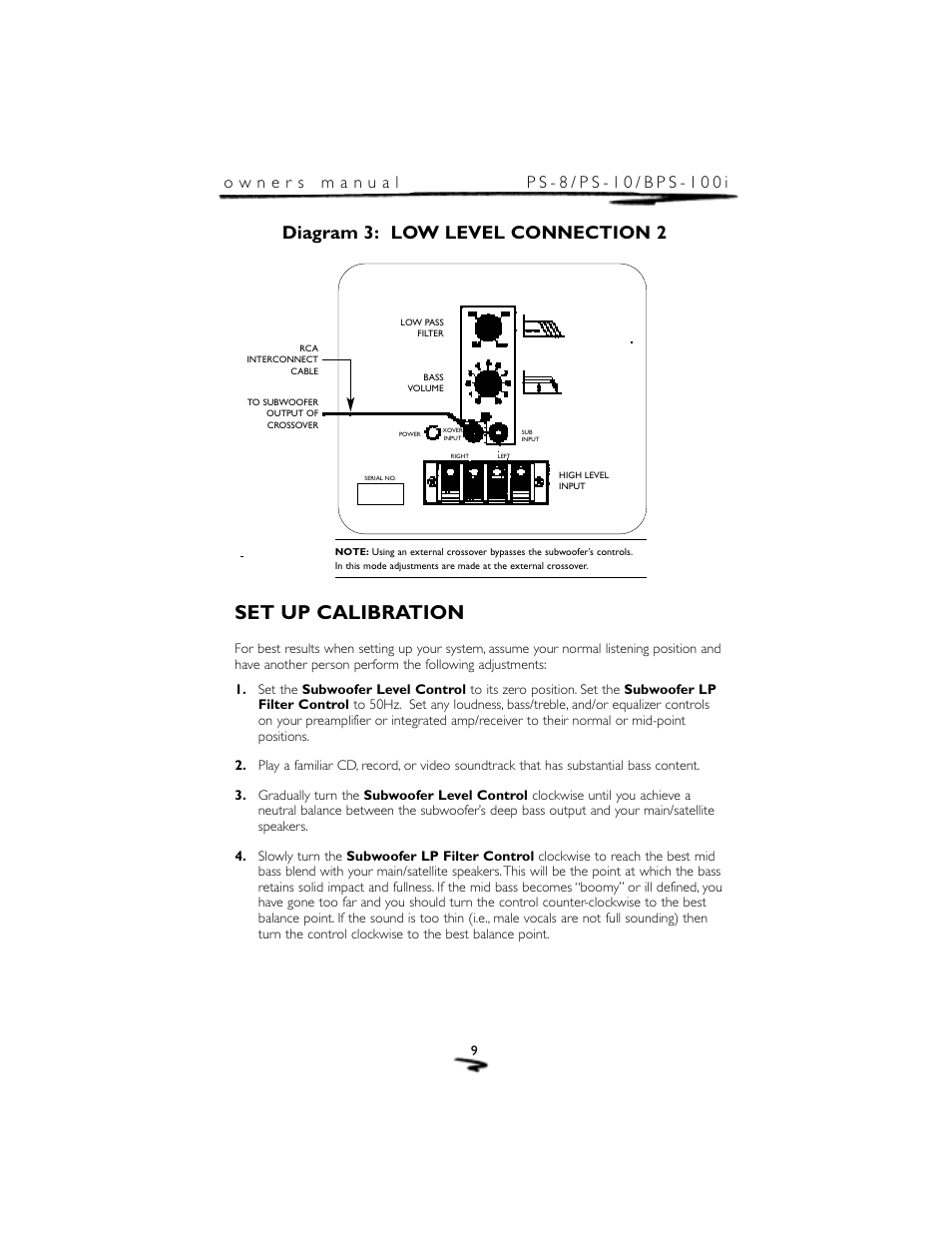 Set up calibration, Diagram 3: low level connection 2 | Mirage Loudspeakers PS-8 User Manual | Page 10 / 12
