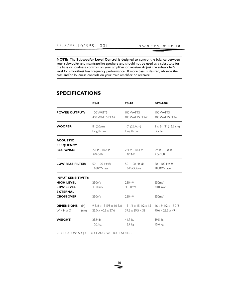 Specifications | Mirage Loudspeakers PS-8 User Manual | Page 11 / 12