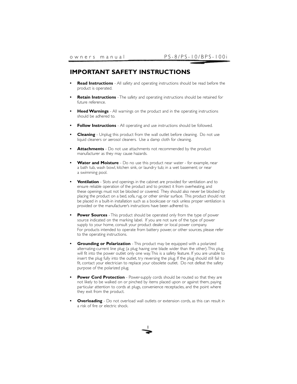 Important safety instructions | Mirage Loudspeakers PS-8 User Manual | Page 2 / 12