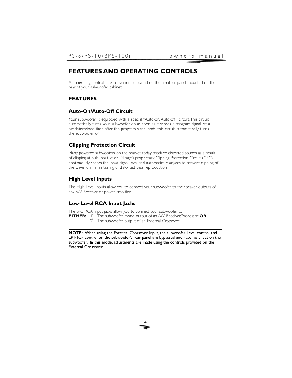Features and operating controls | Mirage Loudspeakers PS-8 User Manual | Page 5 / 12
