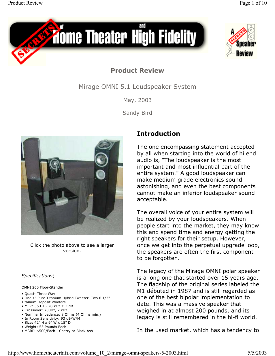 Mirage Loudspeakers OMNI 5.1 User Manual | 10 pages