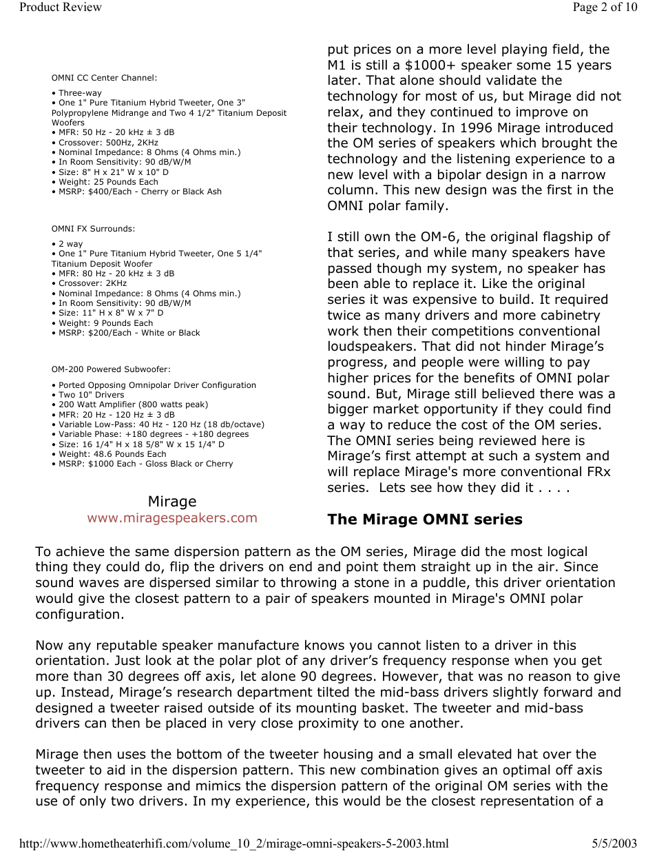 The mirage omni series, Mirage | Mirage Loudspeakers OMNI 5.1 User Manual | Page 2 / 10