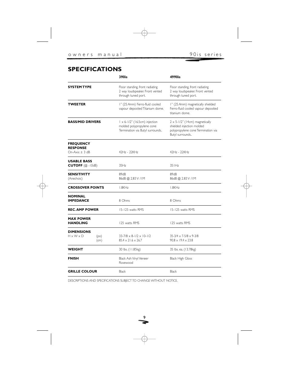 Specifications | Mirage Loudspeakers 90 is User Manual | Page 10 / 12