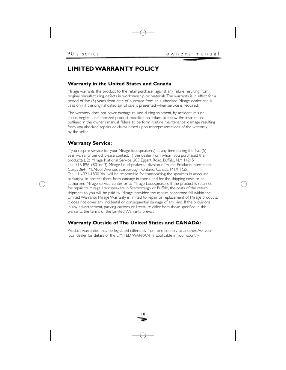 Limited warranty policy | Mirage Loudspeakers 90 is User Manual | Page 11 / 12