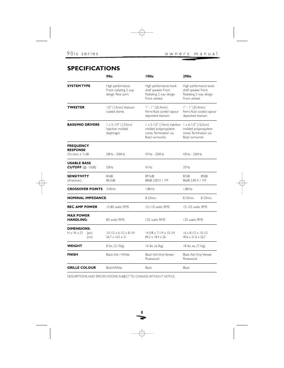 Specifications | Mirage Loudspeakers 90 is User Manual | Page 9 / 12
