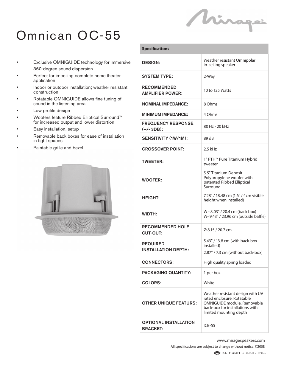 Mirage Loudspeakers Omnican OC-55 User Manual | 1 page
