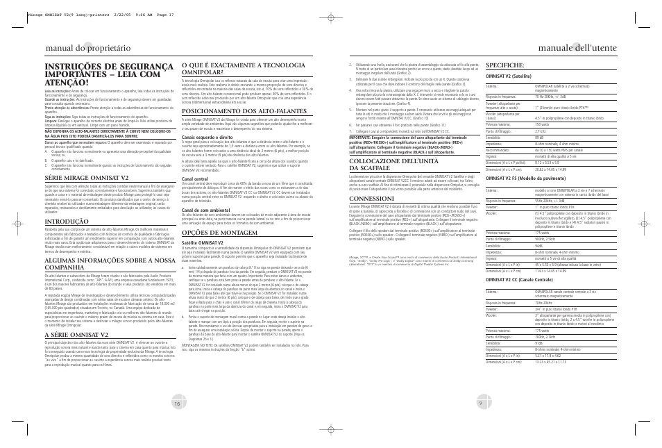 Manuale dell'utente, Manual do proprietário | Mirage Loudspeakers V2 User Manual | Page 9 / 12