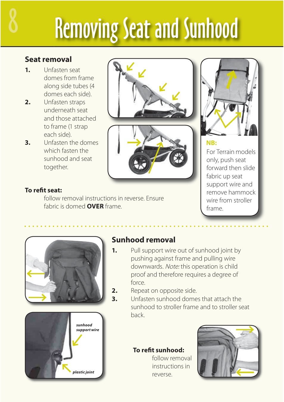 Removing seat and sunhood | Mountain Buggy Buggy Range Outside Cove User Manual | Page 10 / 89