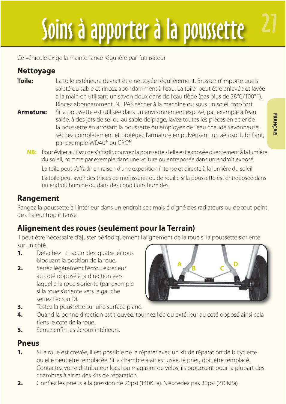 Soins à apporter à la poussette | Mountain Buggy Buggy Range Outside Cove User Manual | Page 23 / 89