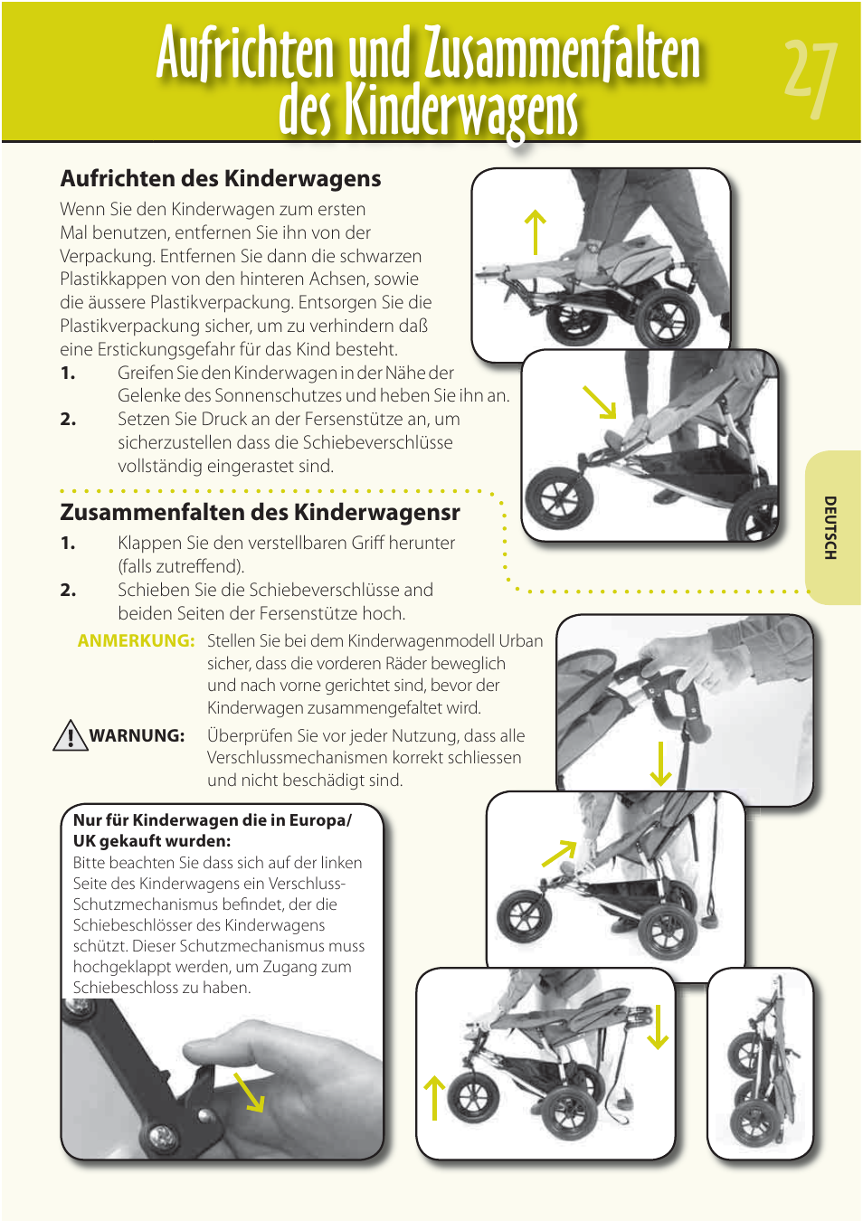 Aufrichten und zusammenfalten des kinderwagens | Mountain Buggy Buggy Range Outside Cove User Manual | Page 29 / 89