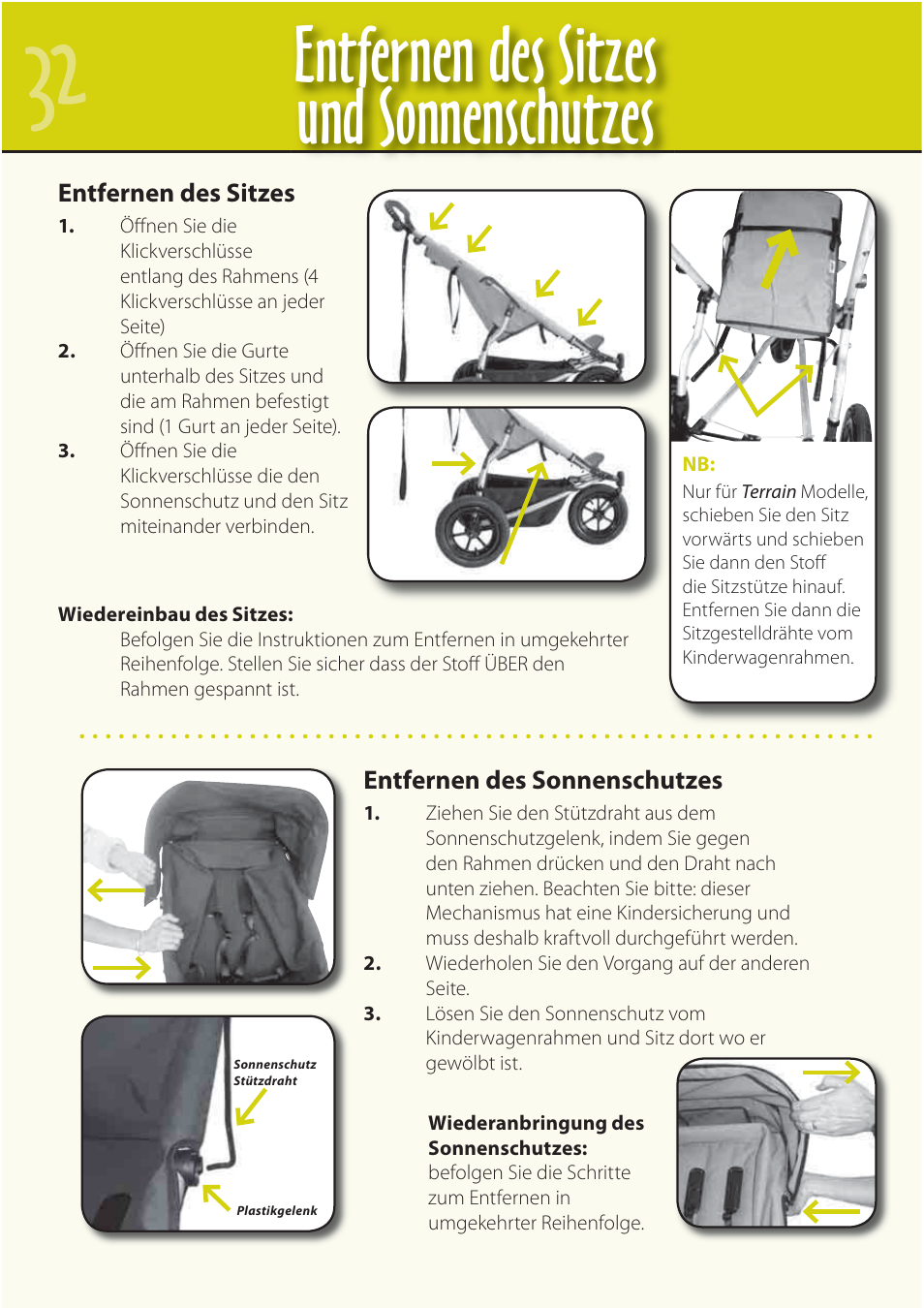 Entfernen des sitzes und sonnenschutzes | Mountain Buggy Buggy Range Outside Cove User Manual | Page 34 / 89