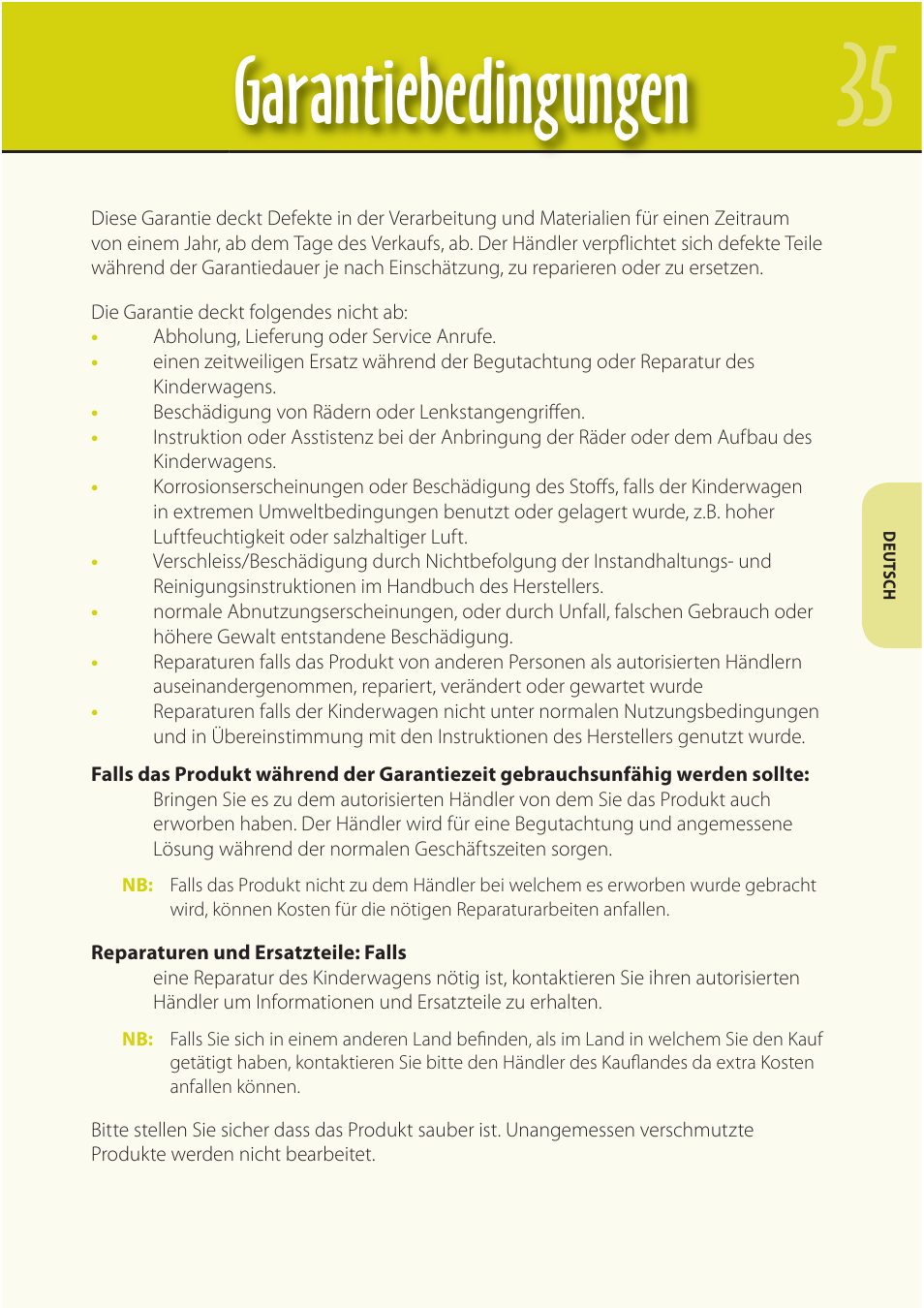 Garantiebedingungen | Mountain Buggy Buggy Range Outside Cove User Manual | Page 37 / 89